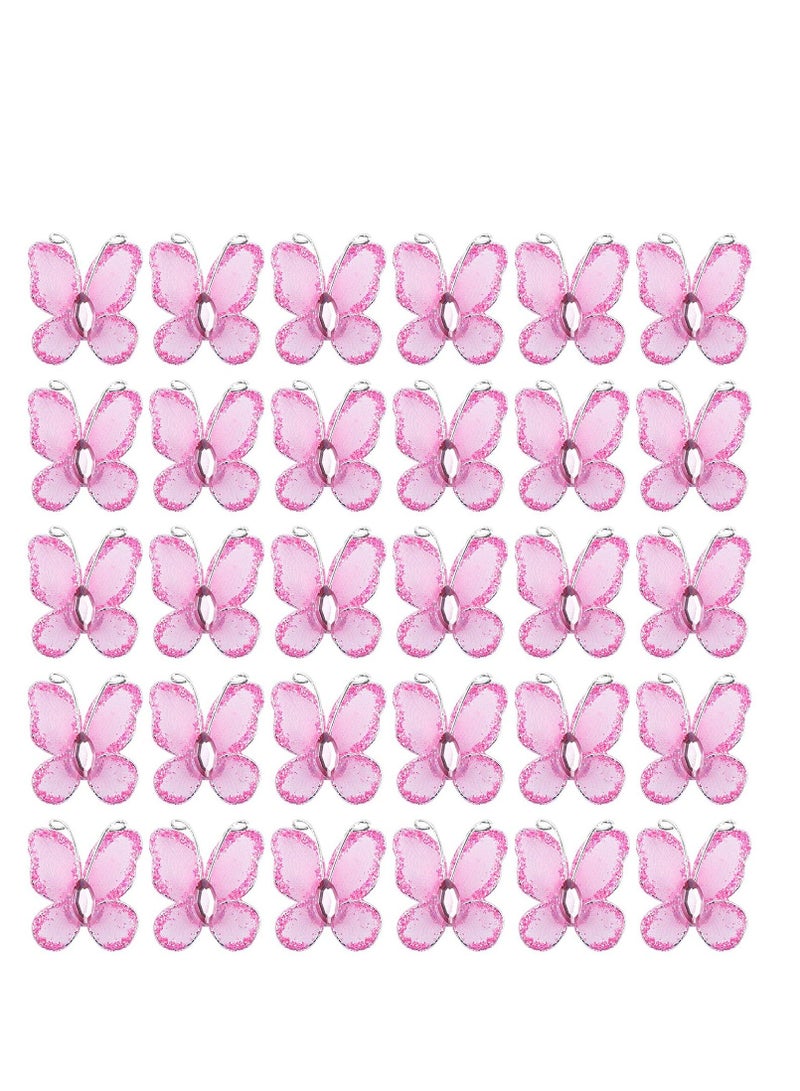 NIBEMINENT 50 Pack Sheer Mesh Wire Glitter Butterfly with Gem for Home and Wedding Decoration Party Wall Decorations (Pink)  - Image 1