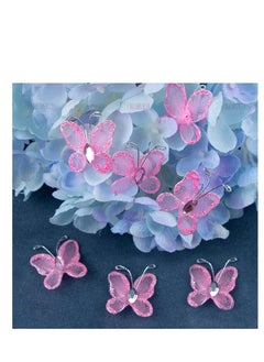 NIBEMINENT 50 Pack Sheer Mesh Wire Glitter Butterfly with Gem for Home and Wedding Decoration Party Wall Decorations (Pink)  - Image 4