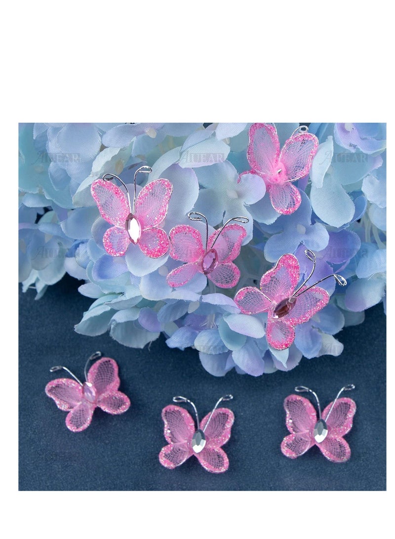 NIBEMINENT 50 Pack Sheer Mesh Wire Glitter Butterfly with Gem for Home and Wedding Decoration Party Wall Decorations (Pink)  - Image 4