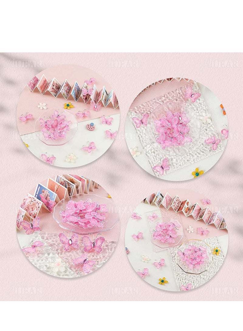 NIBEMINENT 50 Pack Sheer Mesh Wire Glitter Butterfly with Gem for Home and Wedding Decoration Party Wall Decorations (Pink)  - Image 3
