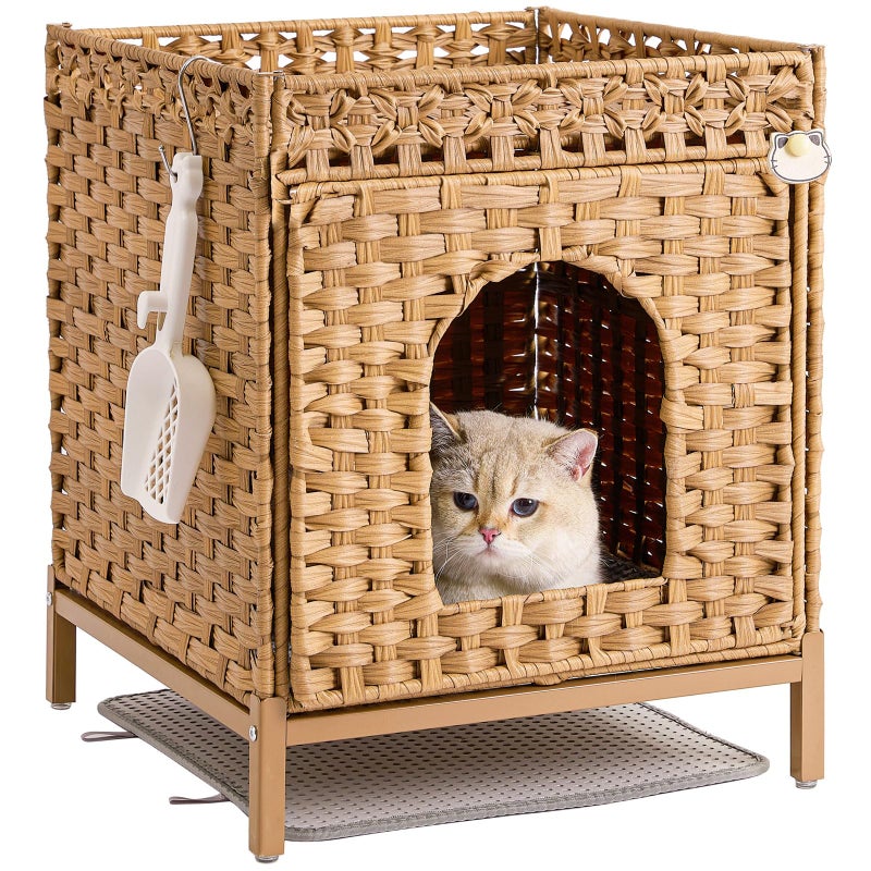SETVSON Cat Litter Box Enclosure Hidden Litter Box Furniture with Metal Heightened Feet, Rattan Handwoven Cat House with Litter Mat, Hidden Litter Box Furniture for Bedroom Living Room Natural - Image 1