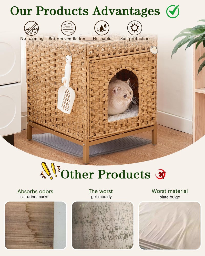 SETVSON Cat Litter Box Enclosure Hidden Litter Box Furniture with Metal Heightened Feet, Rattan Handwoven Cat House with Litter Mat, Hidden Litter Box Furniture for Bedroom Living Room Natural - Image 4