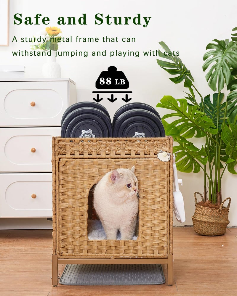 SETVSON Cat Litter Box Enclosure Hidden Litter Box Furniture with Metal Heightened Feet, Rattan Handwoven Cat House with Litter Mat, Hidden Litter Box Furniture for Bedroom Living Room Natural - Image 3