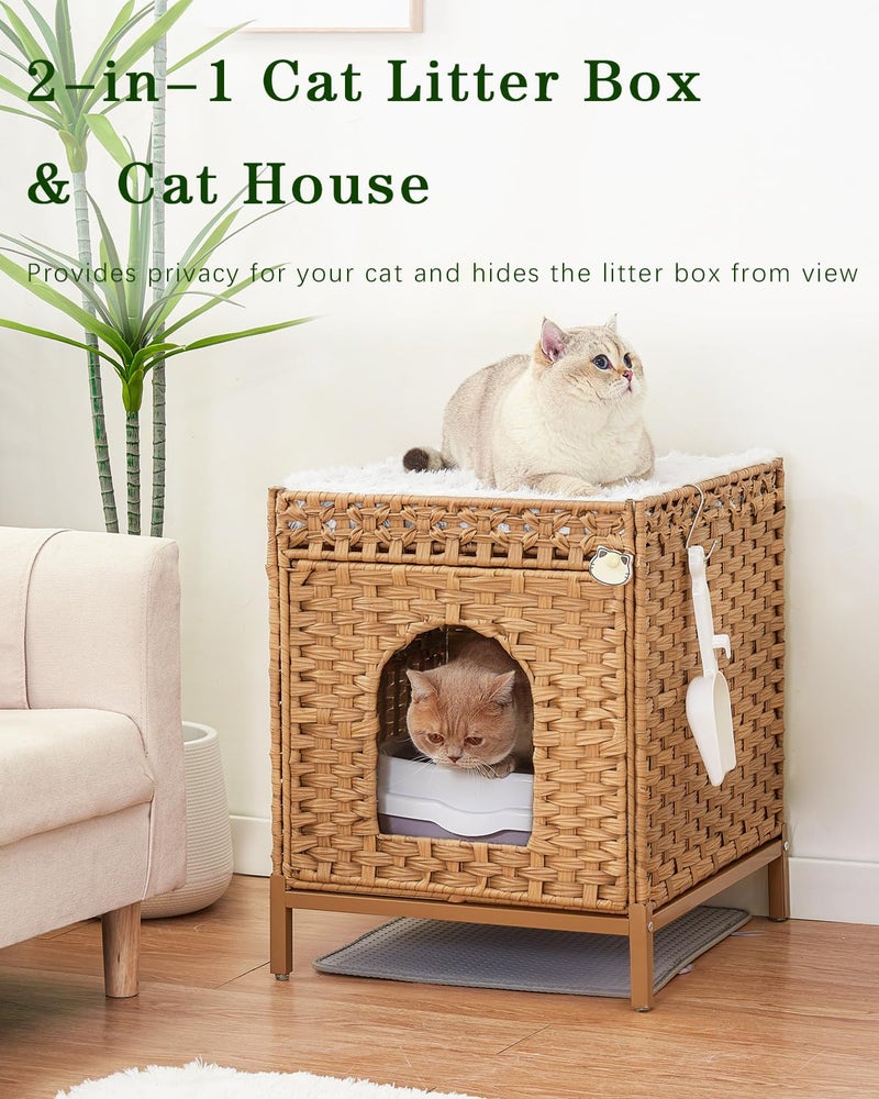 SETVSON Cat Litter Box Enclosure Hidden Litter Box Furniture with Metal Heightened Feet, Rattan Handwoven Cat House with Litter Mat, Hidden Litter Box Furniture for Bedroom Living Room Natural - Image 2