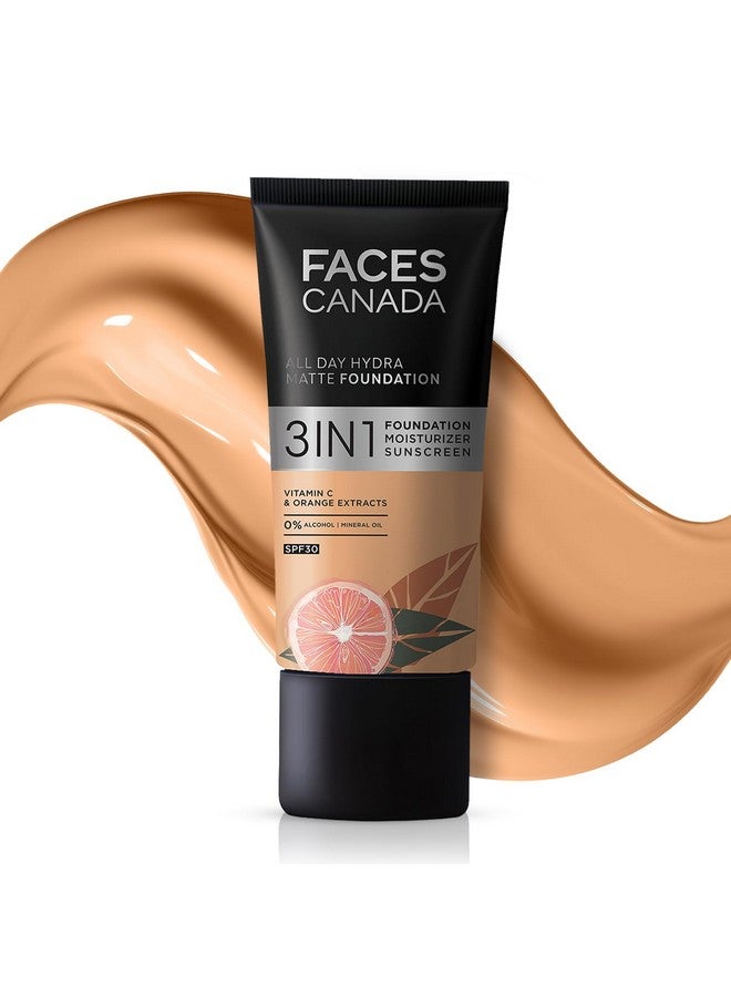 FACESCANADA All Day Hydra Matte Foundation|3-In-1 Foundation + Moisturizer Cream+Spf 30|24 Hr Aloe Hydration&Vitamin C|10Hr Long Wear|Medium To High Buildable Coverage|Golden Beige 032|25Ml,Pack Of 1 - Image 1