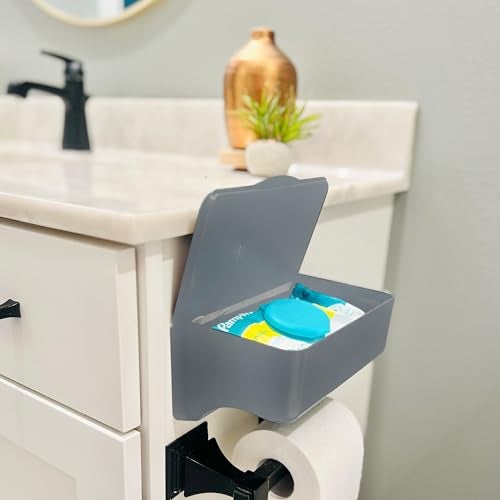 Storage Theory Bathroom Wipes Holder Dispenser with Shelf – Restroom Organizer & Wipe Holder for Bathroom – Tool Free Wall Mounted Baby Wipe Holder by Storage Theory – Gray, 1 Pack - Image 2