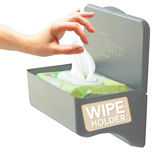 Storage Theory Bathroom Wipes Holder Dispenser with Shelf – Restroom Organizer & Wipe Holder for Bathroom – Tool Free Wall Mounted Baby Wipe Holder by Storage Theory – Gray, 1 Pack - Image 1