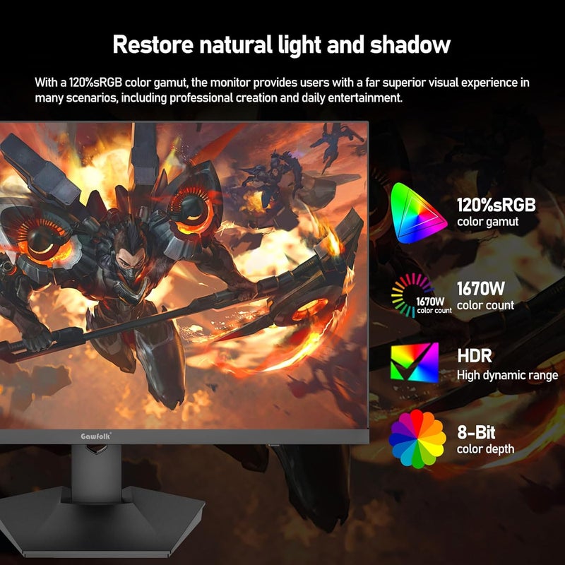 Gawfolk شاشة ألعاب 27 بوصة IPS 2K 240Hz QHD (2560x1440) سرعة 1ms (GTG) 120% sRGB FreeSync إضاءة خلفية RGB للاعبين الإلكترونيين، مكبرات صوت مدمجة - Image 4