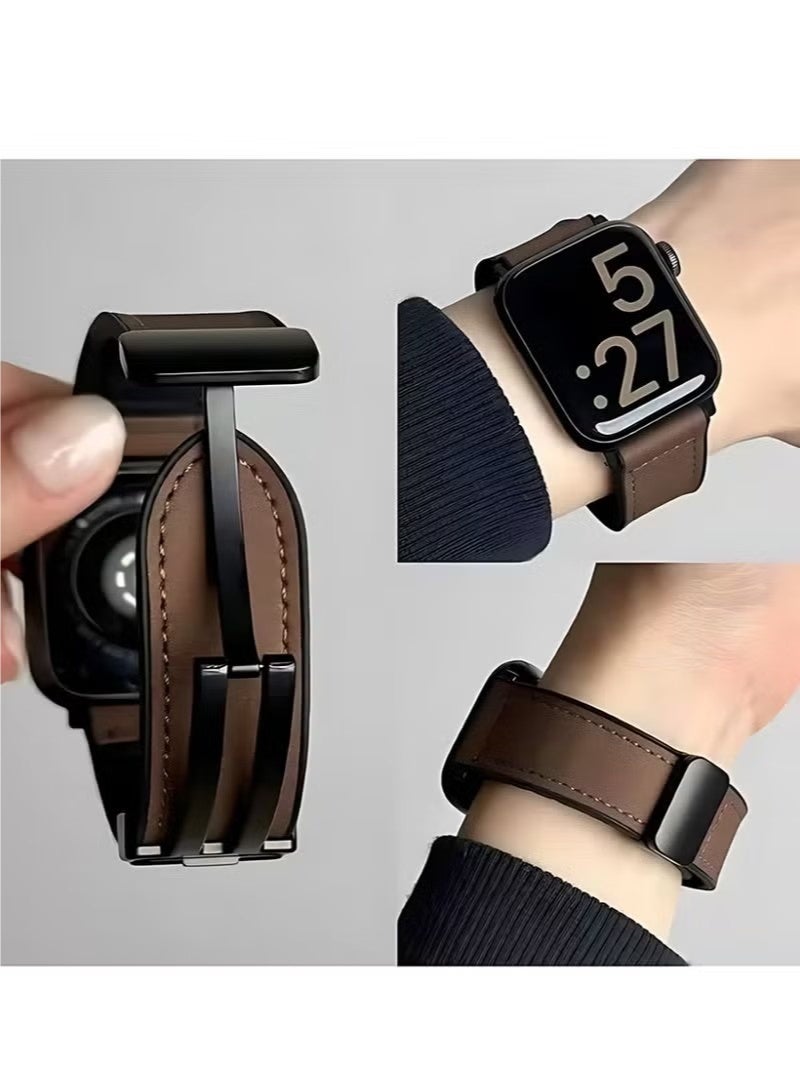 سوار جلدي بتصميم "Double Tour" لساعة Apple Watch بمقاسات 38 مم و40 مم و41 مم و42 مم، سوار نسائي نحيف متوافق مع ساعات iWatch من السلسلة 10 و9 و8 و7 و6 وSE - لون بني. - Image 1