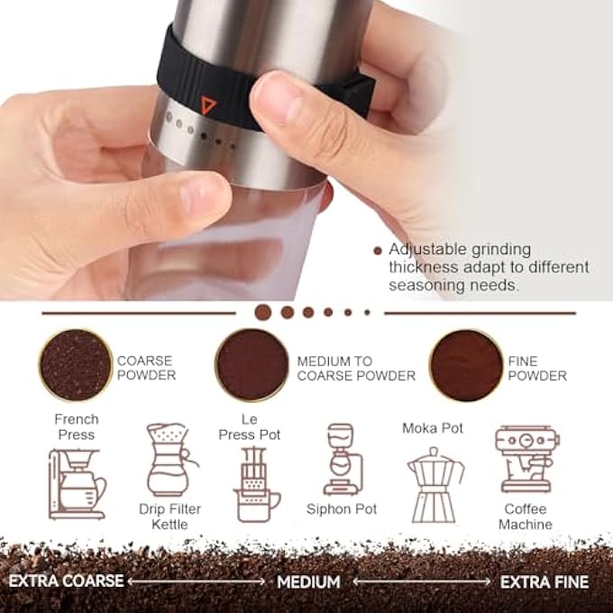 هاسذيب مطحنة حبوب قهوة يدوية من الفولاذ المقاوم للصدأ، مطحنة قهوة يدوية، مطحنة قهوة يدوية، إعدادات طحن قابلة للتعديل، مطحنة قهوة محمولة، 25 جرام من القهوة - Image 5