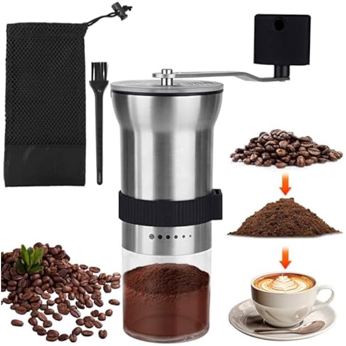 هاسذيب مطحنة حبوب قهوة يدوية من الفولاذ المقاوم للصدأ، مطحنة قهوة يدوية، مطحنة قهوة يدوية، إعدادات طحن قابلة للتعديل، مطحنة قهوة محمولة، 25 جرام من القهوة - Image 2