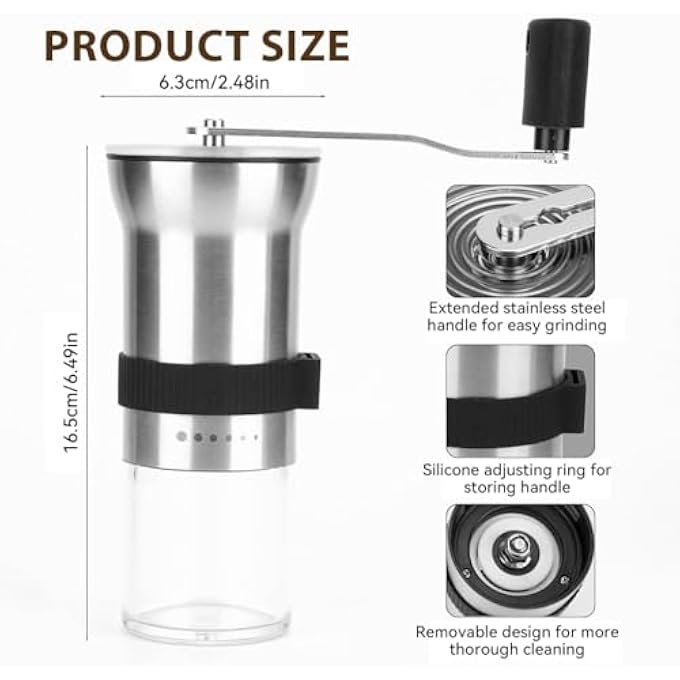 هاسذيب مطحنة حبوب قهوة يدوية من الفولاذ المقاوم للصدأ، مطحنة قهوة يدوية، مطحنة قهوة يدوية، إعدادات طحن قابلة للتعديل، مطحنة قهوة محمولة، 25 جرام من القهوة - Image 3