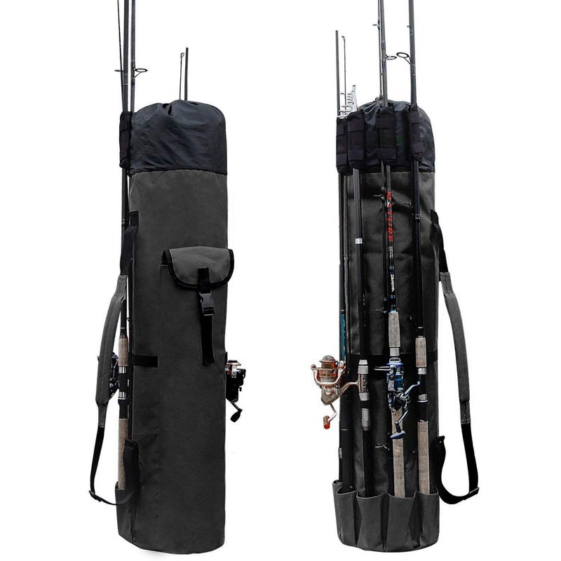 Allnice Sturdy Canvas Fishing Rod Reel Organizer Bag Travel Carry Case Bag Holds 5 Poles Tackle Black