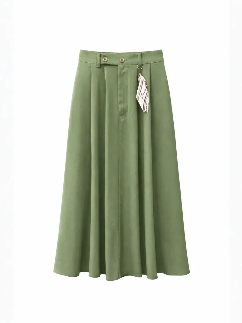 MixRay MIXRAY High Waist A-Line Midi Skirt with Accessories