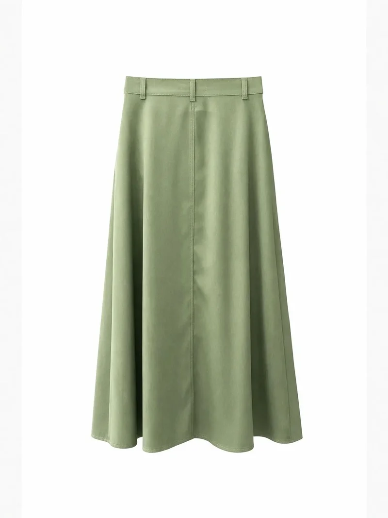 MixRay Khaki Green MIXRAY High Waist A-Line Midi Skirt with Accessories for Women | Best Price UAE