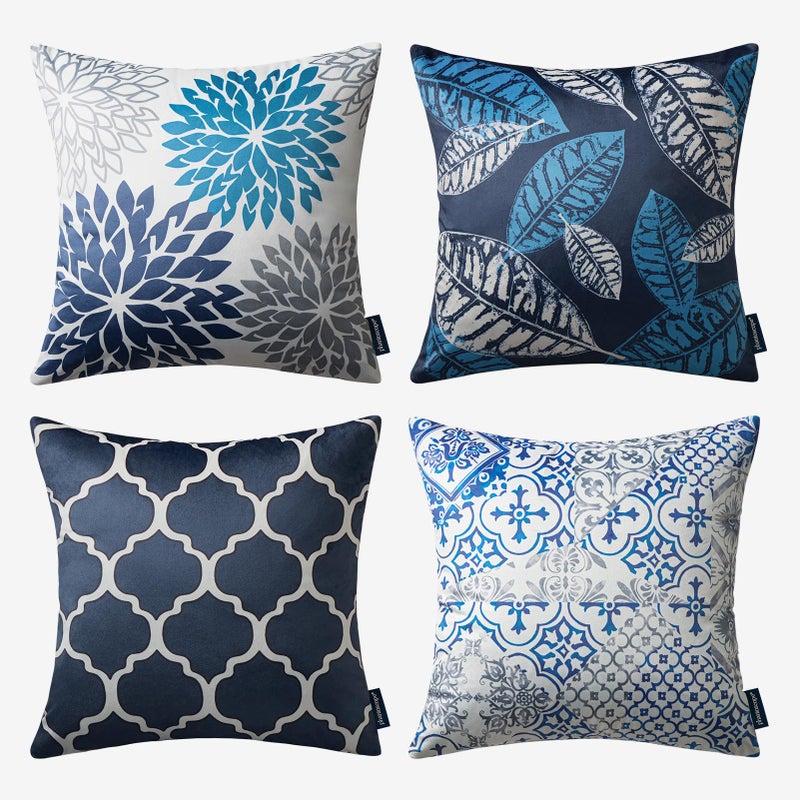 Phantoscope Set of 4 New Living Series Velvet Pillow Leaf Geometric Throw Decorative Velvet Pillow Cover Cushion Cover Dark Blue 20 x 20 inches 50 x 50 cm