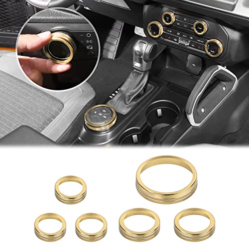 JWWY Air Conditioner Headlight Switch Knob 4WD Wheel Drive Trailer Gear Switch Knob Cover for 2021-2026+ Ford Bronco Accessories Aluminum Alloy 6PCS Gold（Don't fit Bronco Sport） - Image 1