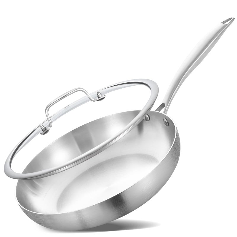 LOLYKITCH 8 Inch Triply Stainless Steel Frying Pan with LidSmall SkilletInduction Cooking PanDishwasher and Oven SafeRiveted Handle