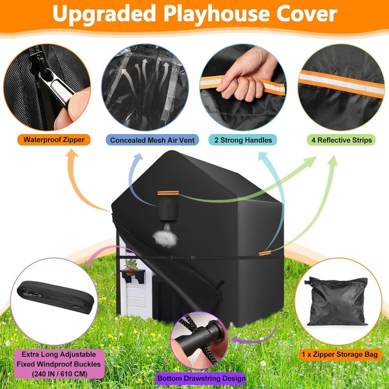 GRABADO Playhouse Cover for Outdoor Waterproof, 420D Heavy Duty Playhouse for Kids Cover,Universal Toddler Backyard Play House Cover,Easier to Cover by Side Zipper,4 Reflective Strips&Windproof Buckle - Image 5