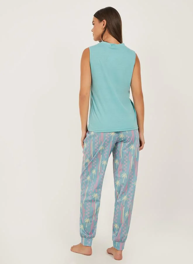 Styli Slogan Print Tank and Palm Print Cuffed Pyjama Set