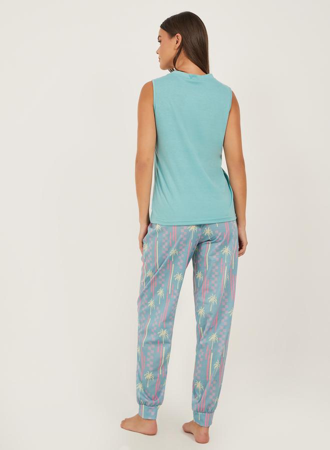 Styli Slogan Print Tank and Palm Print Cuffed Pyjama Set - Image 5