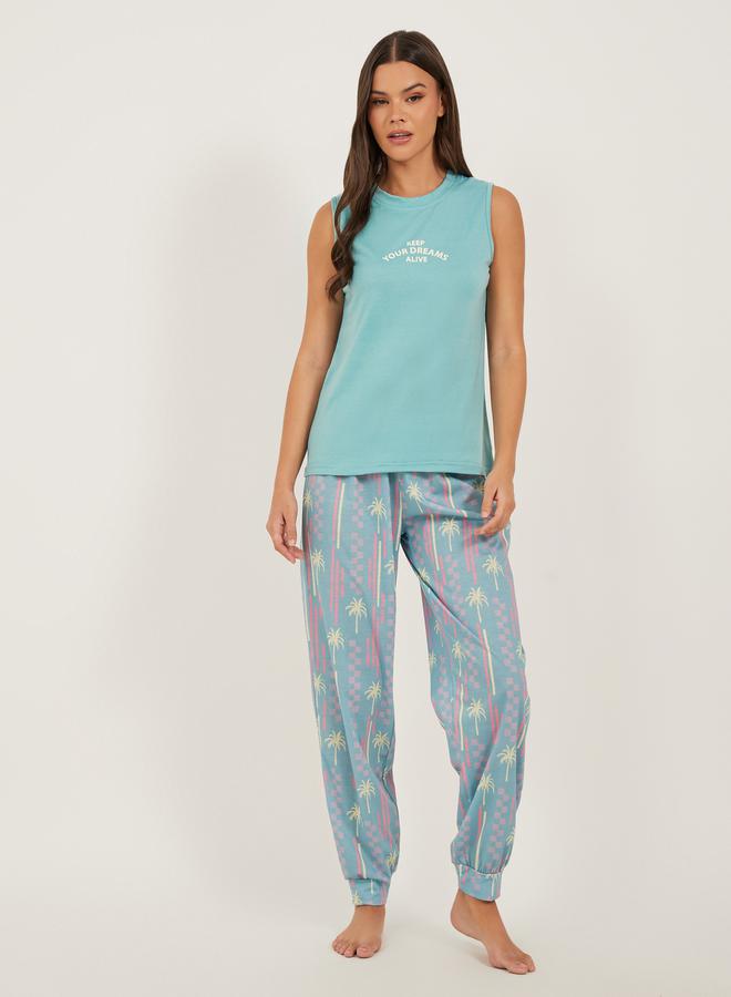 Styli Slogan Print Tank and Palm Print Cuffed Pyjama Set - Image 1