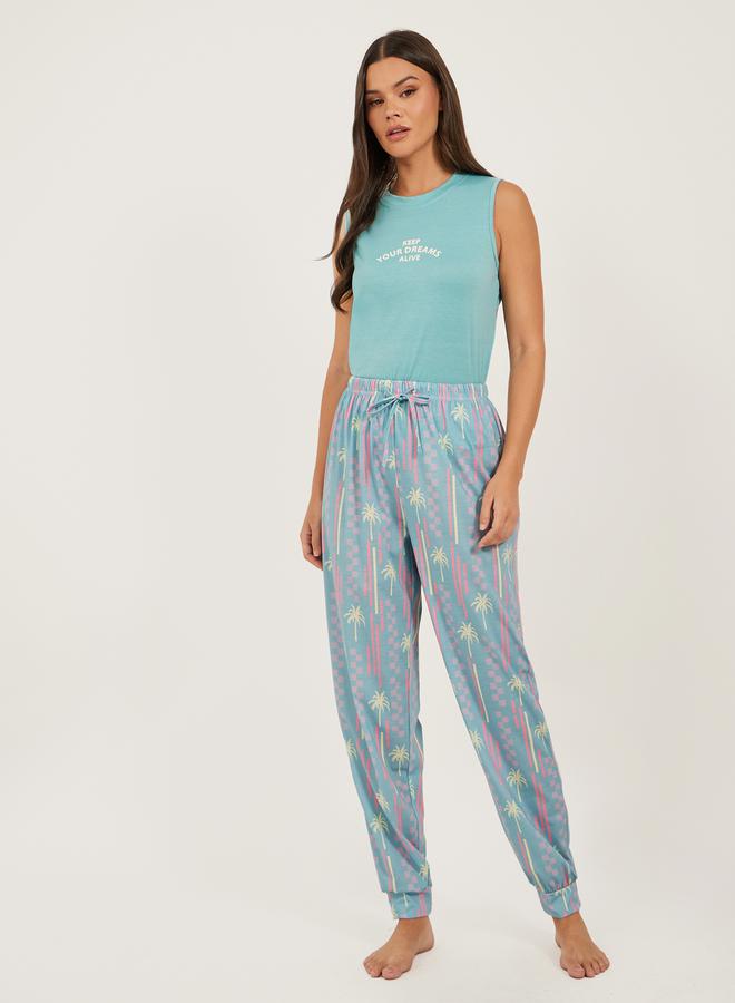 Styli Slogan Print Tank and Palm Print Cuffed Pyjama Set - Image 2