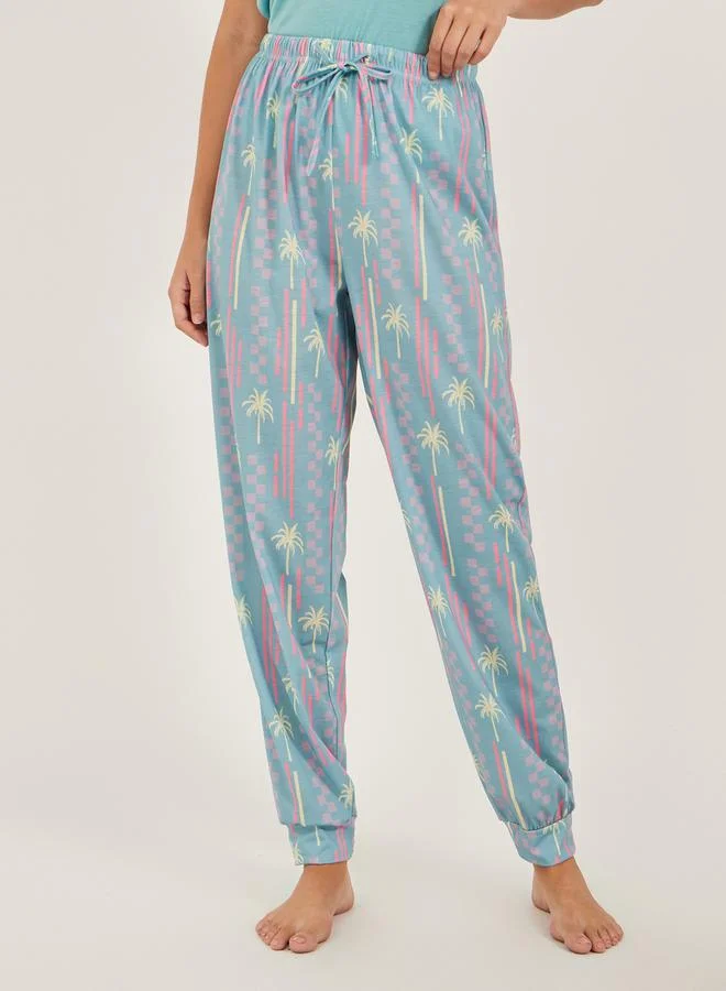 Styli Slogan Print Tank and Palm Print Cuffed Pyjama Set