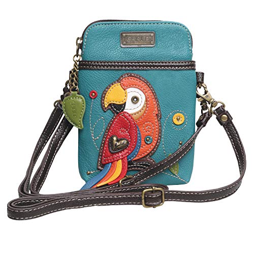 CHALA Bird Collection Cell Phone Crossbody Purse-Women PU Leather/Canvas Multicolor Handbag with Adjustable Strap - Red Parrot - turquoise - Image 4