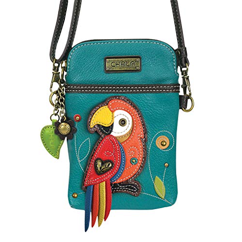 CHALA Bird Collection Cell Phone Crossbody Purse-Women PU Leather/Canvas Multicolor Handbag with Adjustable Strap - Red Parrot - turquoise - Image 2