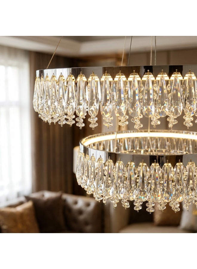 DANUBE HOME Yara 2 Tire Led Crystal Chandelier 3 Color Dimmable Lights 60+40cm Contemporary Pendant Lamps Hanging Lanterns Built in LED Modern Design Indoor LightingL60xW60xH141cm-Chrome - Image 2