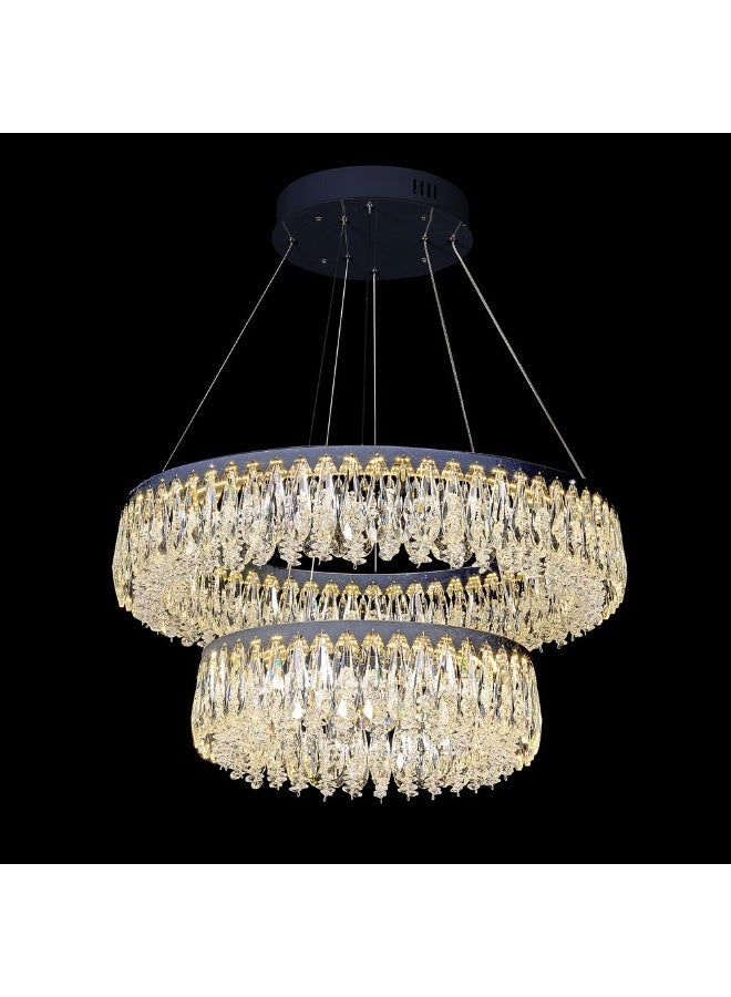 DANUBE HOME Yara 2 Tire Led Crystal Chandelier 3 Color Dimmable Lights 60+40cm Contemporary Pendant Lamps Hanging Lanterns Built in LED Modern Design Indoor LightingL60xW60xH141cm-Chrome - Image 4