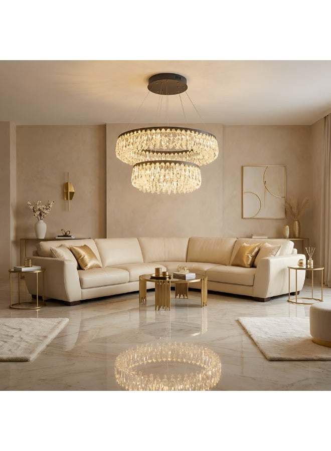 DANUBE HOME Yara 2 Tire Led Crystal Chandelier 3 Color Dimmable Lights 60+40cm Contemporary Pendant Lamps Hanging Lanterns Built in LED Modern Design Indoor LightingL60xW60xH141cm-Chrome - Image 5