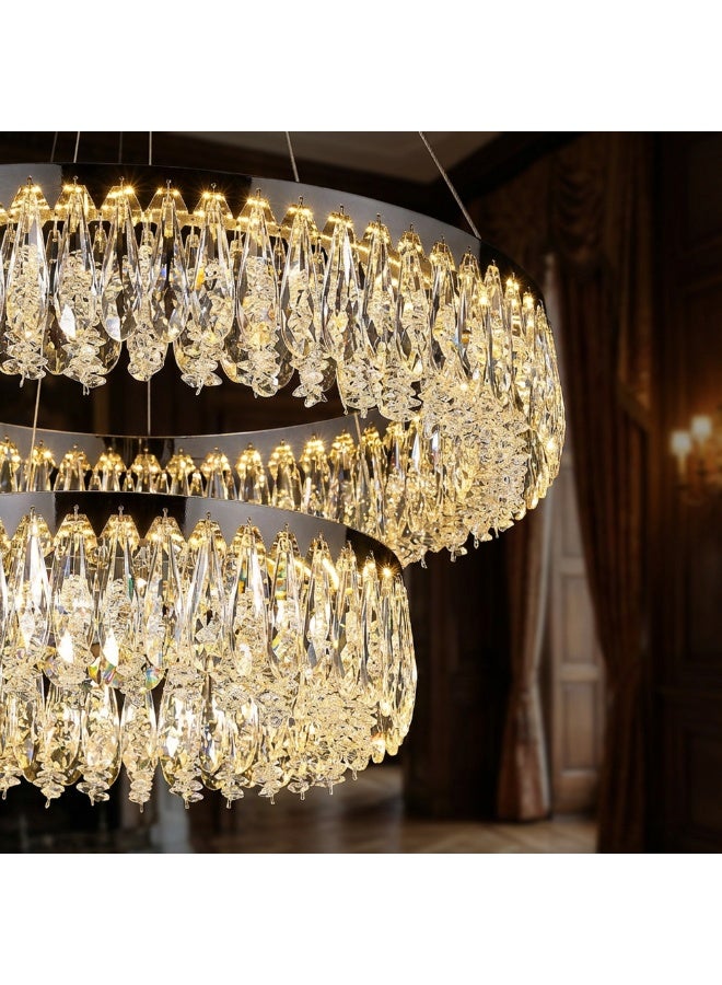 DANUBE HOME Yara 2 Tire Led Crystal Chandelier 3 Color Dimmable Lights 60+40cm Contemporary Pendant Lamps Hanging Lanterns Built in LED Modern Design Indoor LightingL60xW60xH141cm-Chrome - Image 3