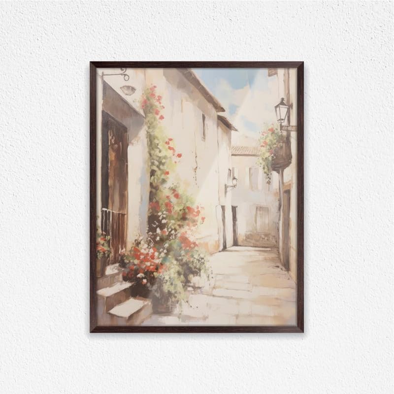 Art Decor French Countryside Style Alleyway Fine Art with Beige Flowers Framed Wall Art Traditional Design Art for Living Room Bedroom Office Home Decoration Gifting 60x80cm - Image 1