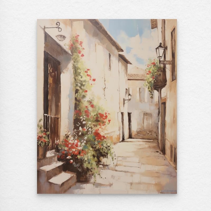 Art Decor French Countryside Style Alleyway Fine Art with Beige Flowers Framed Wall Art Traditional Design Art for Living Room Bedroom Office Home Decoration Gifting 60x80cm - Image 4