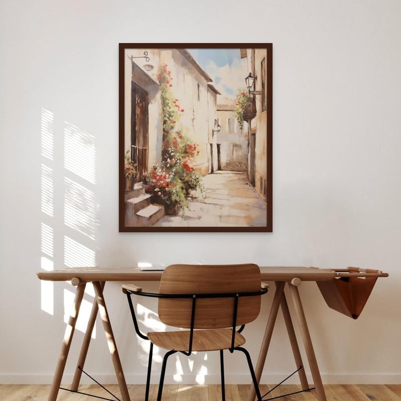 Art Decor French Countryside Style Alleyway Fine Art with Beige Flowers Framed Wall Art Traditional Design Art for Living Room Bedroom Office Home Decoration Gifting 60x80cm - Image 3
