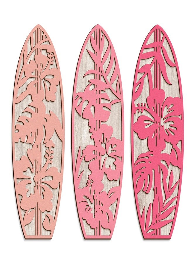 VGICH 3 Pieces Hibiscus Surfboard Decor for Bedroom Wooden Beach Wall Decor Summer Wood Surfboard Wall Hanging Sign for Tropical Living Room Decoration (Pink) - Image 1