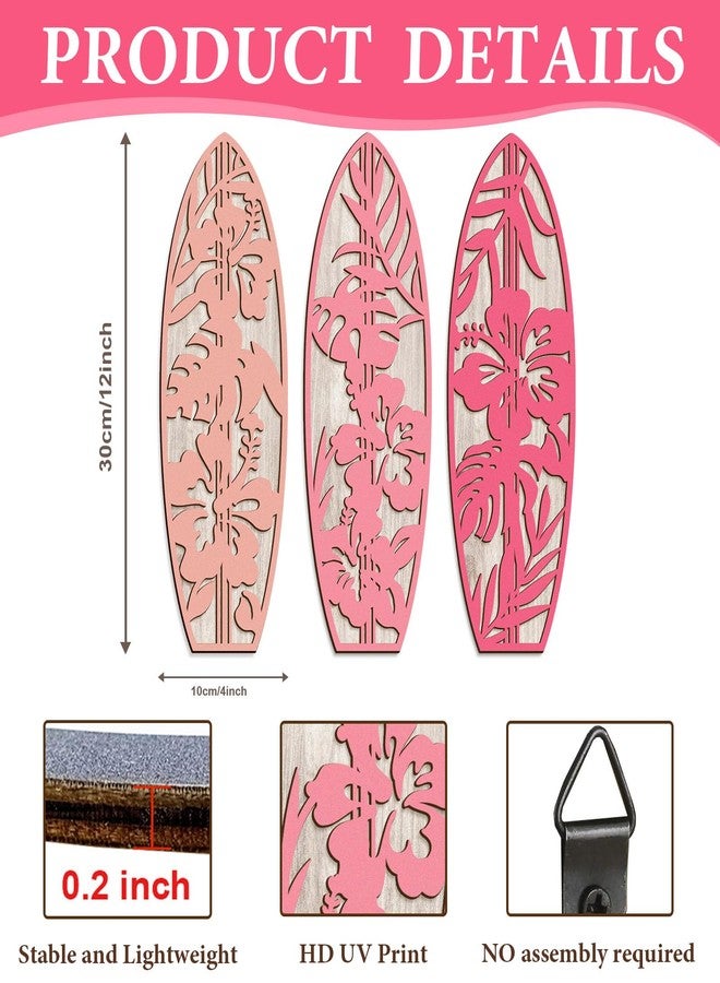 VGICH 3 Pieces Hibiscus Surfboard Decor for Bedroom Wooden Beach Wall Decor Summer Wood Surfboard Wall Hanging Sign for Tropical Living Room Decoration (Pink) - Image 3