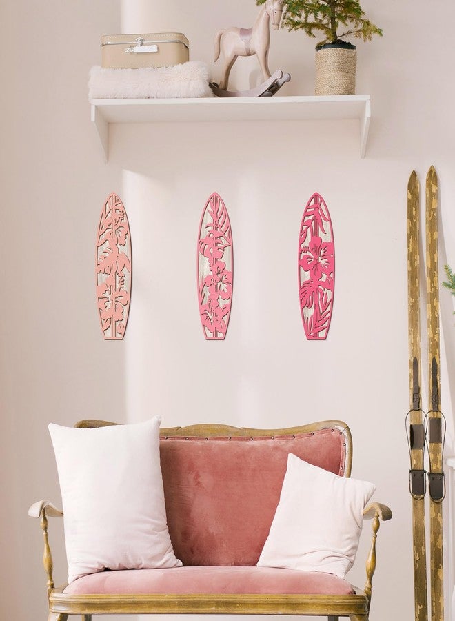 VGICH 3 Pieces Hibiscus Surfboard Decor for Bedroom Wooden Beach Wall Decor Summer Wood Surfboard Wall Hanging Sign for Tropical Living Room Decoration (Pink) - Image 5