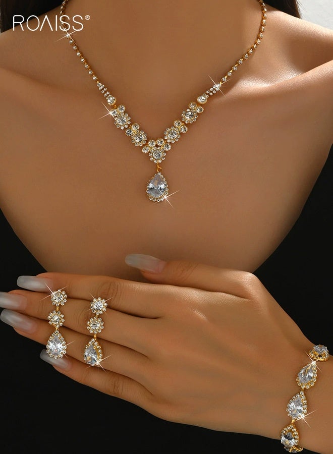 roaiss Gold Rhinestone Crystal Jewelry Set, Wedding Bridal Bridesmaids Teardrop Flower Necklace Earrings Bracelet Set for Women, Dainty Necklace Earrings Bracelet Earrings Set for Wedding Bridal Prom Pageant - Image 1