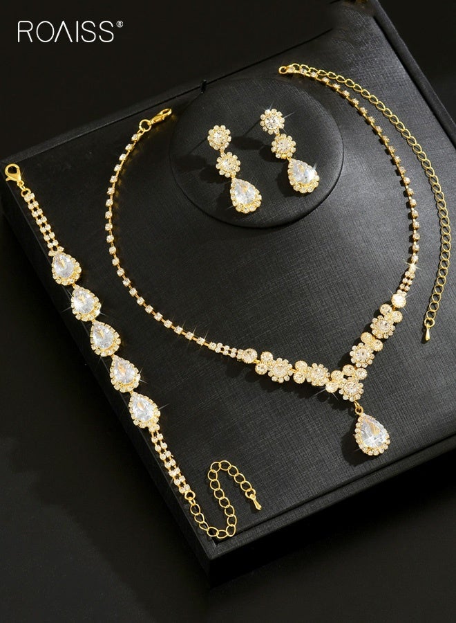 roaiss Gold Rhinestone Crystal Jewelry Set, Wedding Bridal Bridesmaids Teardrop Flower Necklace Earrings Bracelet Set for Women, Dainty Necklace Earrings Bracelet Earrings Set for Wedding Bridal Prom Pageant - Image 3