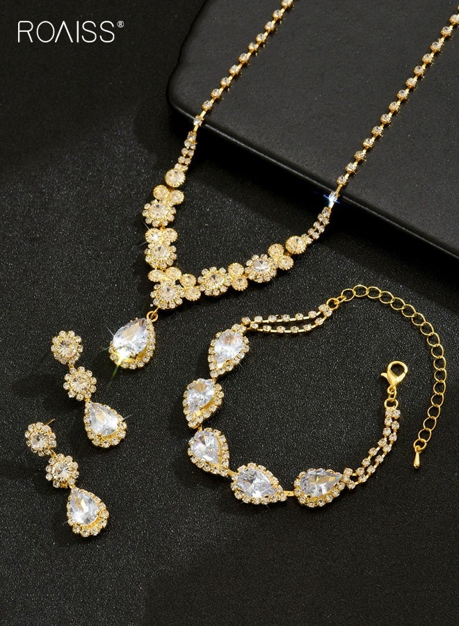 roaiss Gold Rhinestone Crystal Jewelry Set, Wedding Bridal Bridesmaids Teardrop Flower Necklace Earrings Bracelet Set for Women, Dainty Necklace Earrings Bracelet Earrings Set for Wedding Bridal Prom Pageant - Image 2