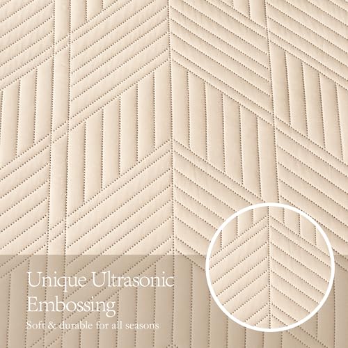 Davulos King Quilt Bedding Set,Beige Ultrasonic King/Cal King Quilt Set Reversible Microfiber Bedspread,Lightweight Soft Modern Geometric Coverlet Set for All Seasons(1 Quilt,2 Pillow Shams) - Image 5