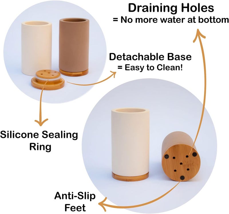 Matani Bamboo Toothbrush Holder Diatomite Tooth Brush Organizer - Storage Stand for Small Bathroom & Counter - Removable Base & Drain Holes, Water-Absorbent & Quick-Drying (Light Grey) - Image 2