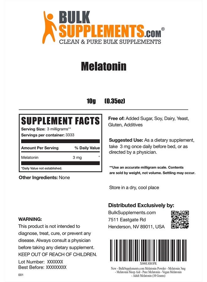 BULKSUPPLEMENTS.COM مسحوق الميلاتونين - مكمل الميلاتونين للنوم، ميلاتونين نقي للبالغين - 3 ملغ من الميلاتونين لكل حصة، ميلاتونين نباتي - حصص متعددة (10 جرام - 0.35 أونصة) - Image 2