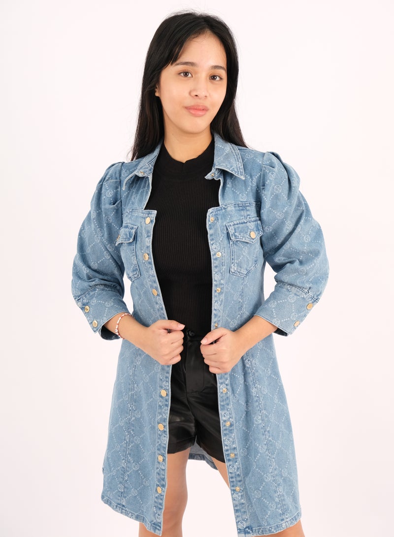 اونلي سترة نسائية من الدنيم طويلة الصدر مزدوجة الصدر باللون الأزرق الجينز - Image 1