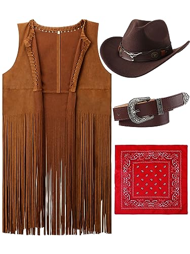 Hercicy Western Outfits for Women Cowgirl Tassel Sleeveless Vest Cowboy Hat Belt and Paisley Bandana for Halloween Dress Up (Brown,XL) - Image 1
