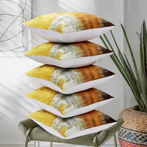 RD TREND® Velvet Satin Cushion Covers 16 Inch x 16 Inch |Art Decorative Throw Pillows for Sofa, Couch, Living Room, Home Décor Cushion Cover Set of 5 (Yellow) - Image 1