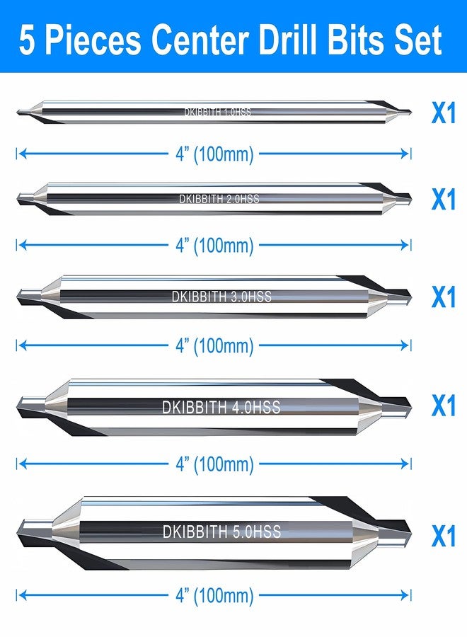 DKIBBITH 5pc Long Center Drill Bit Set, M2 HSS 60-Degree Angle 4'' Overall Length Center Drill Bits Kit, Countersink Tools for Metalworking Lathe Milling and Countersinking, Size 1.0 2.0 3.0 4.0 5.0 - Image 2